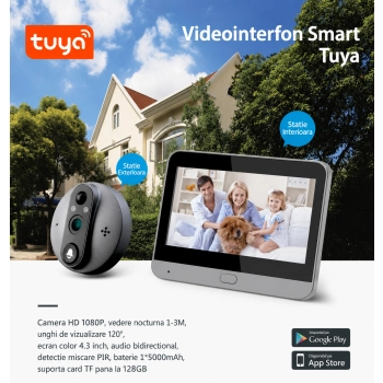 Sonerie video Tuya Smart cu vizor și ecran de 4.3